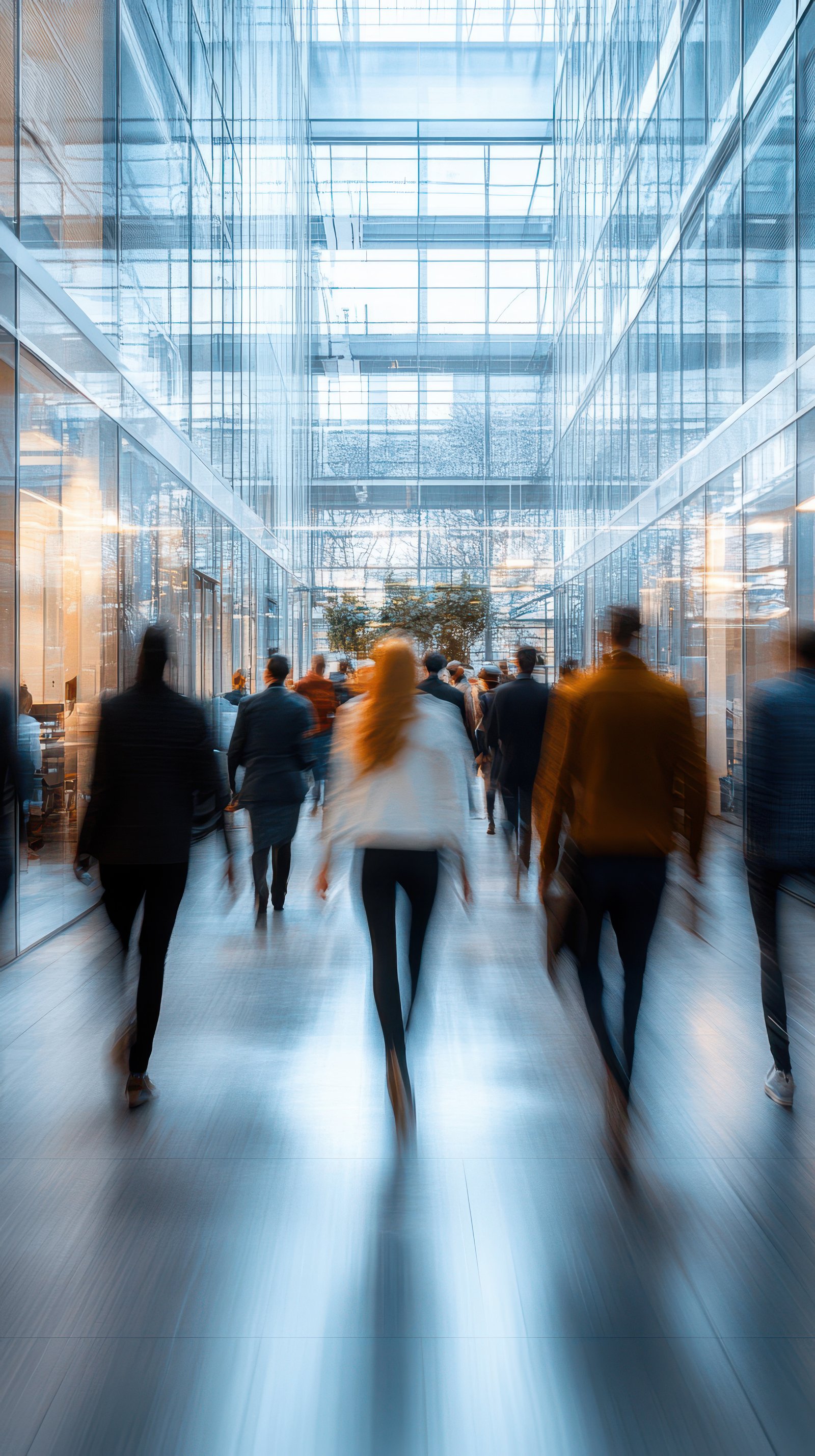 Busy urban indoor walkway featuring people in motion during a bright day in a modern architectural space